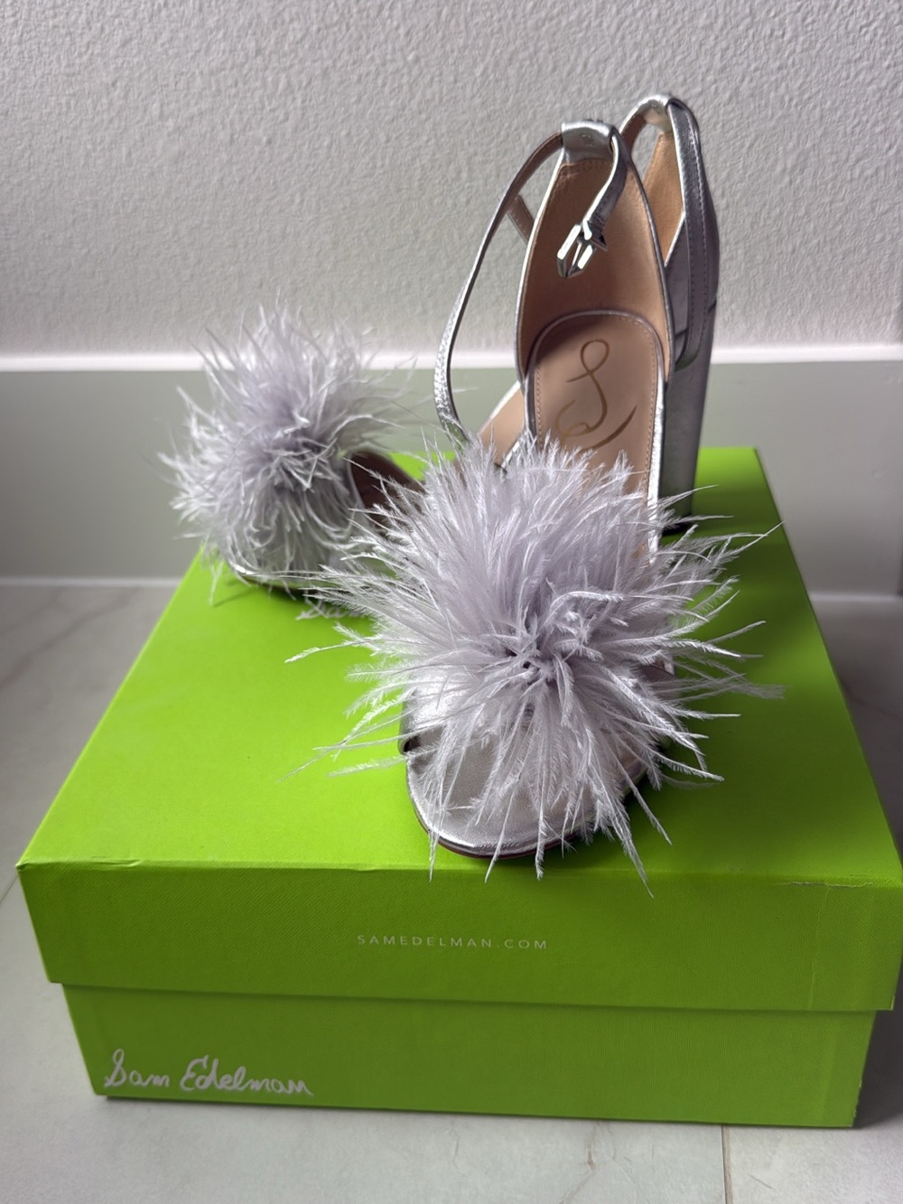 Sam Edelman Silver Feather Pom-Pom Slingback Heels